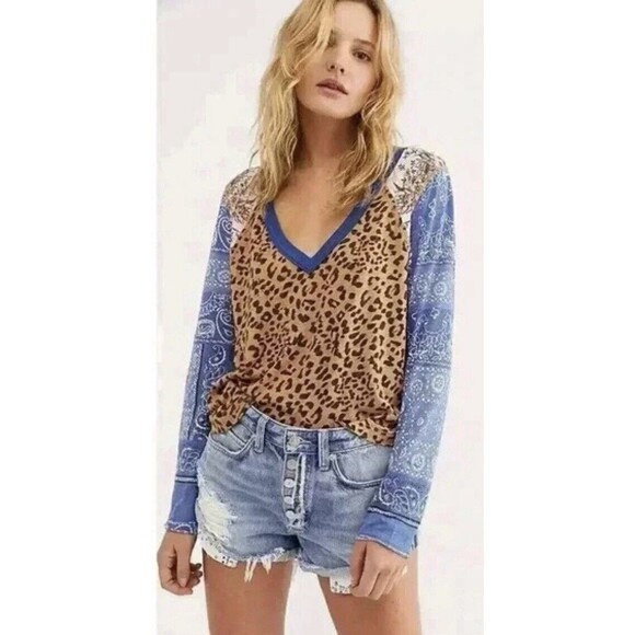 Free People We The Free Friday Night Sz S Floral Animal Print Combo Top Boho - Picture 1 of 13